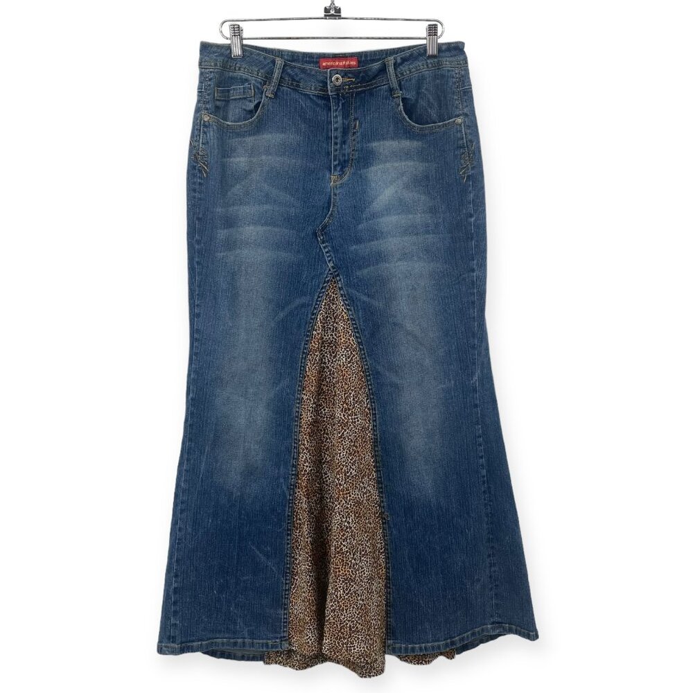Vtg Americana Blues Denim Maxi Skirt Cheetah Vintage Womens 14‎ Blue Hippie Y2K